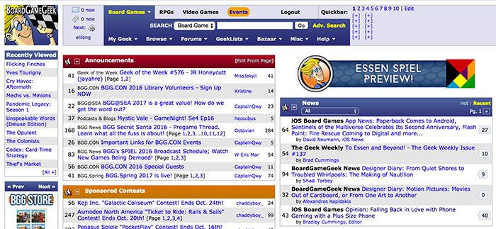 Board Game Geek homepage screenshot