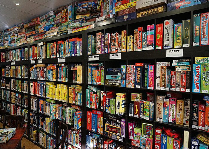 Board games on shelves