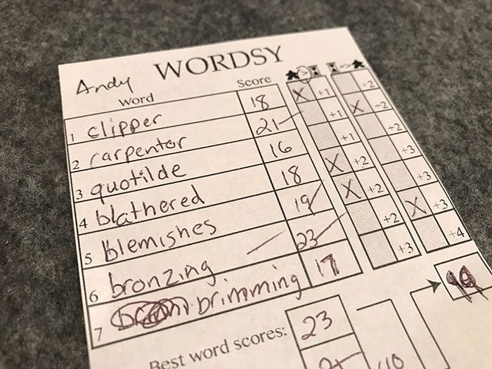 Wordsy score sheet