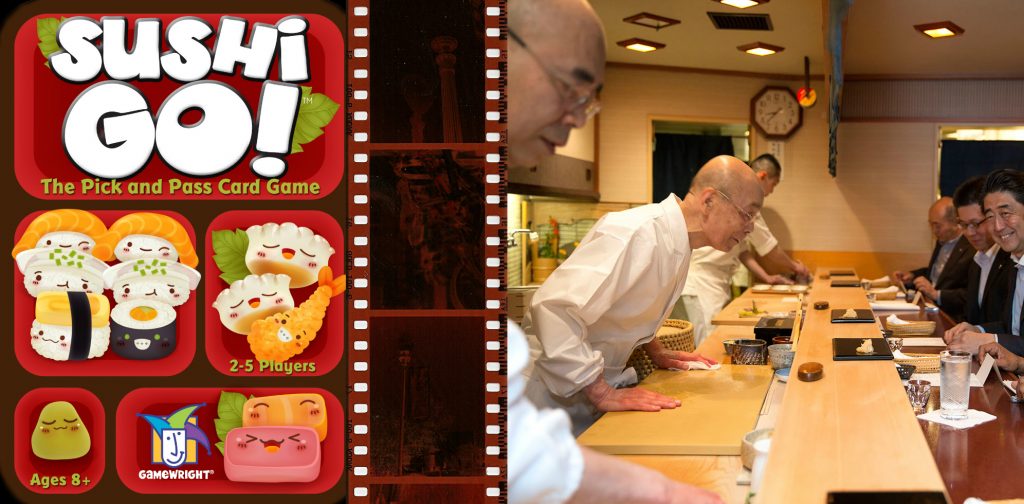 (https://commons.wikimedia.org/wiki/File:Barack_Obama_and_Shinzo_Abe_at_Sukyabashi_Jiro_April_2014.jpg, W Eric Martin https://boardgamegeek.com/image/1900075/sushi-go, https://commons.wikimedia.org/wiki/File:Filmstrip.jpg)