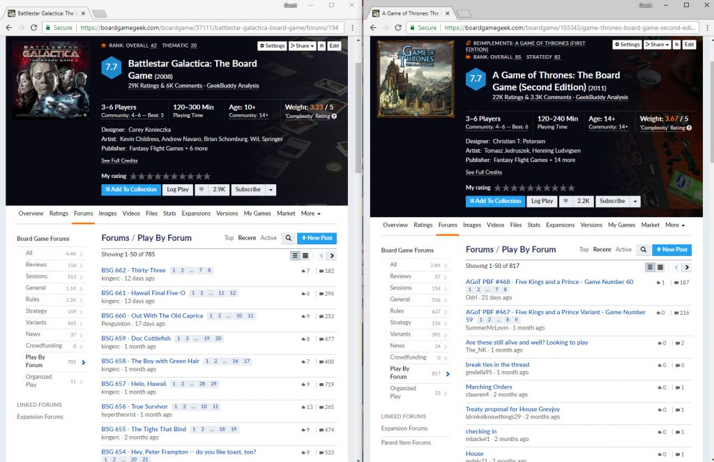 Side by side comparison of BSG Play by Forums to AGOT