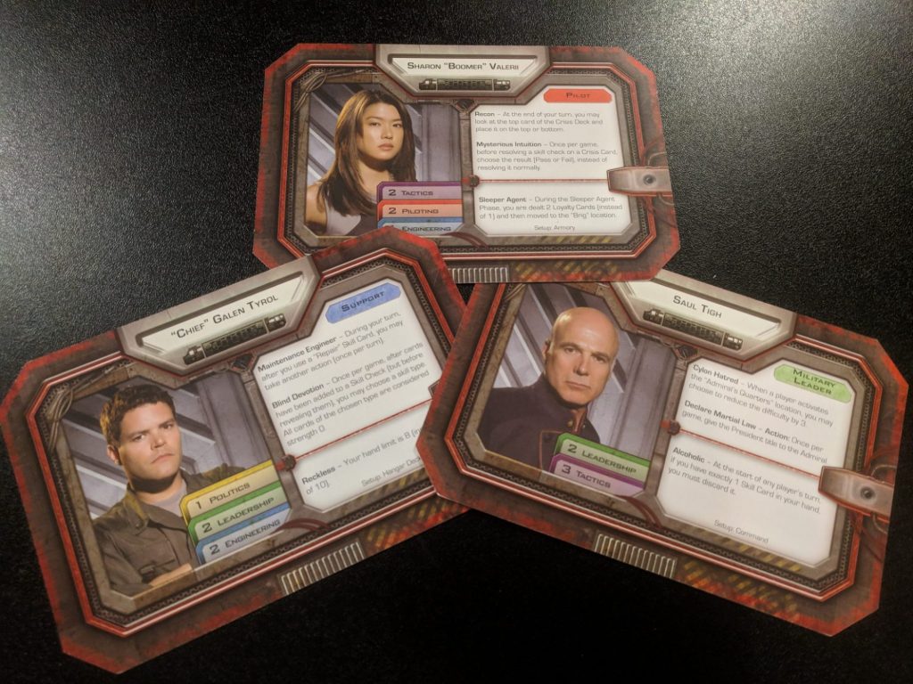 Character cards from the game, featuring Boomer, Chief, and Tigh.