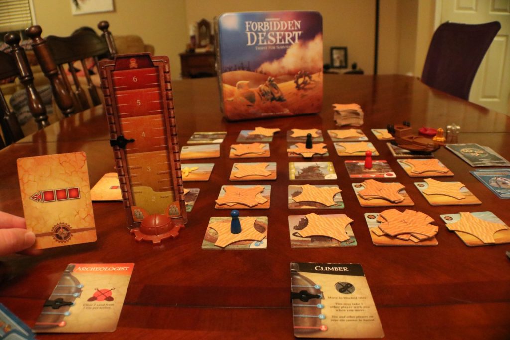 A picture of the board after a storm card is drawn. In this case, the storm moved to the left by three tiles.