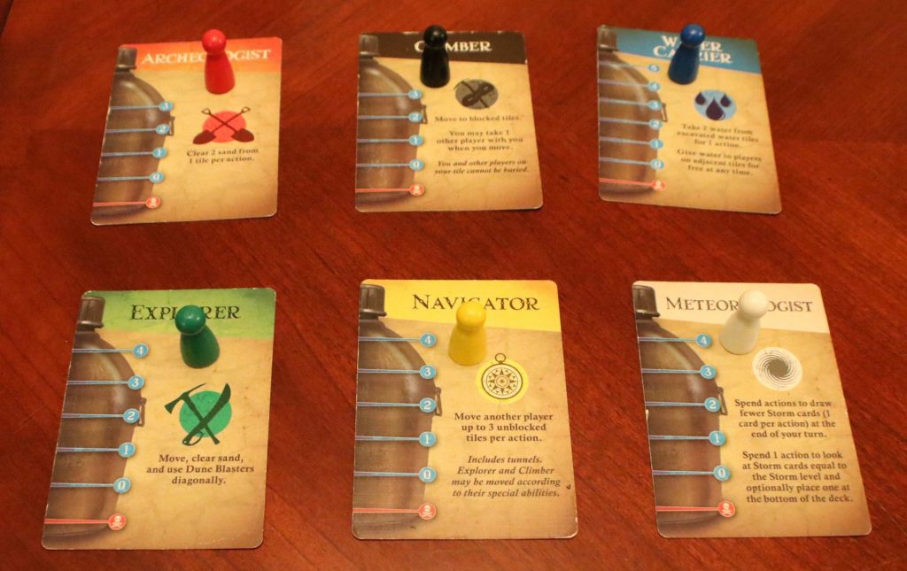 A picture of the character cards and pawns, lined up for easy display.