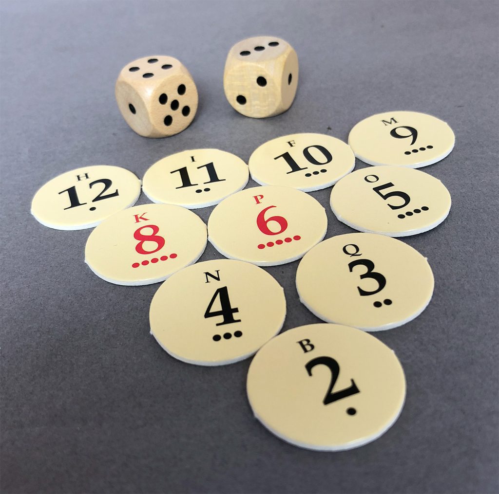 Numbered discs with dots representing the 2D6 likelihood of being rolled