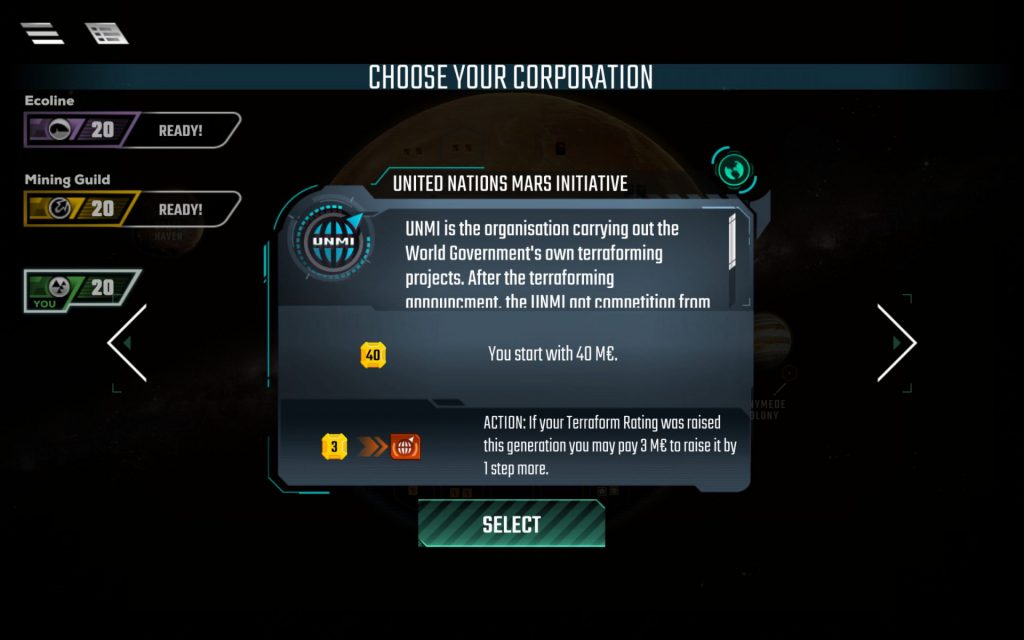 The app gives you three Corporations to choose from: one Standard Corporation and two from the Corporate Era variation.