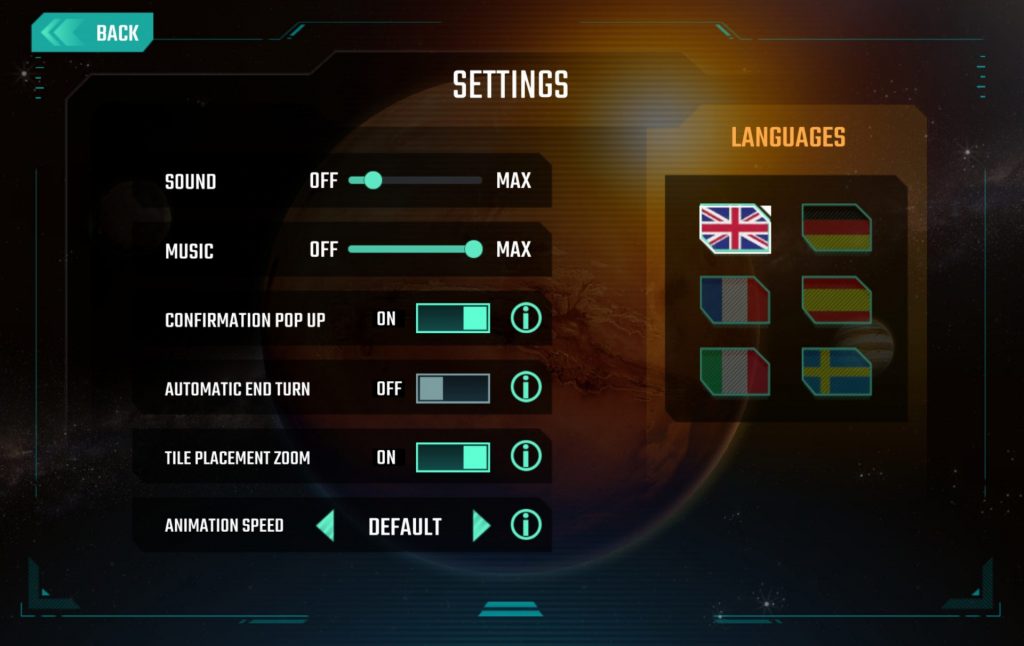 The Settings Menu options