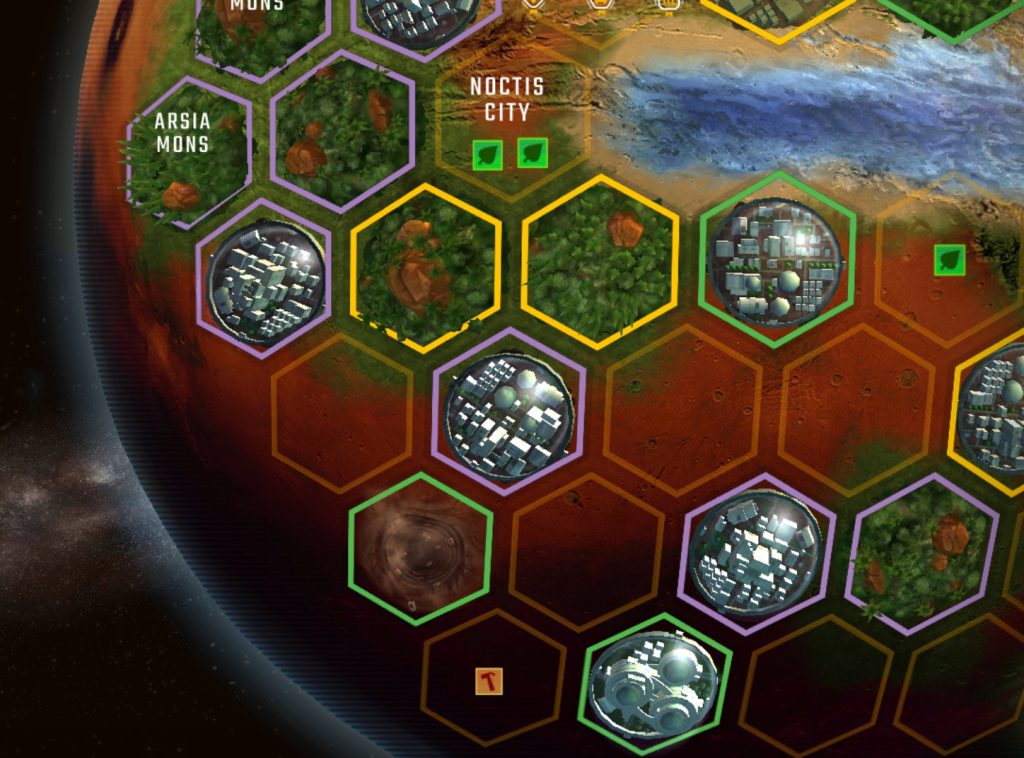Whenever a player places a Greenery or City tile, the terraformed hex is outlined with that player’s Corporation color. 