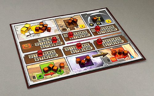 The standard Terraforming Mars player mat with counter and resource cubes.