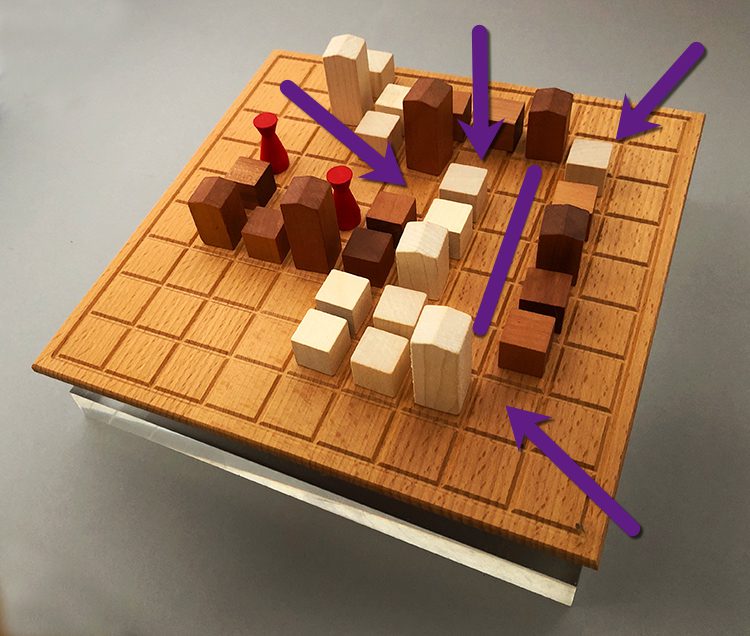 Neither player can add a building to any of the squares indicated by the purple arrows or line.