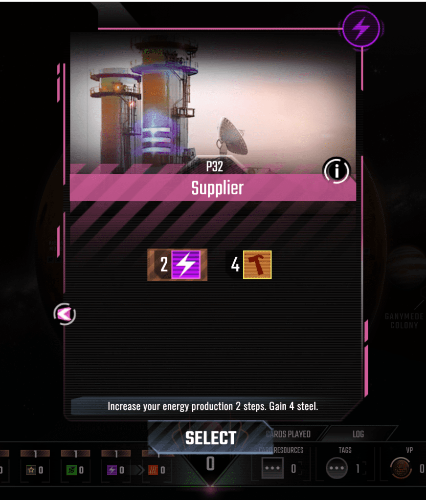 The Supplier Prelude card lets you start the game with an Energy Production of 2 and with 4 Steel in your supply.