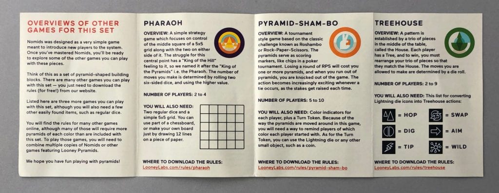 The rules for three other games you can play with the Nomids components.