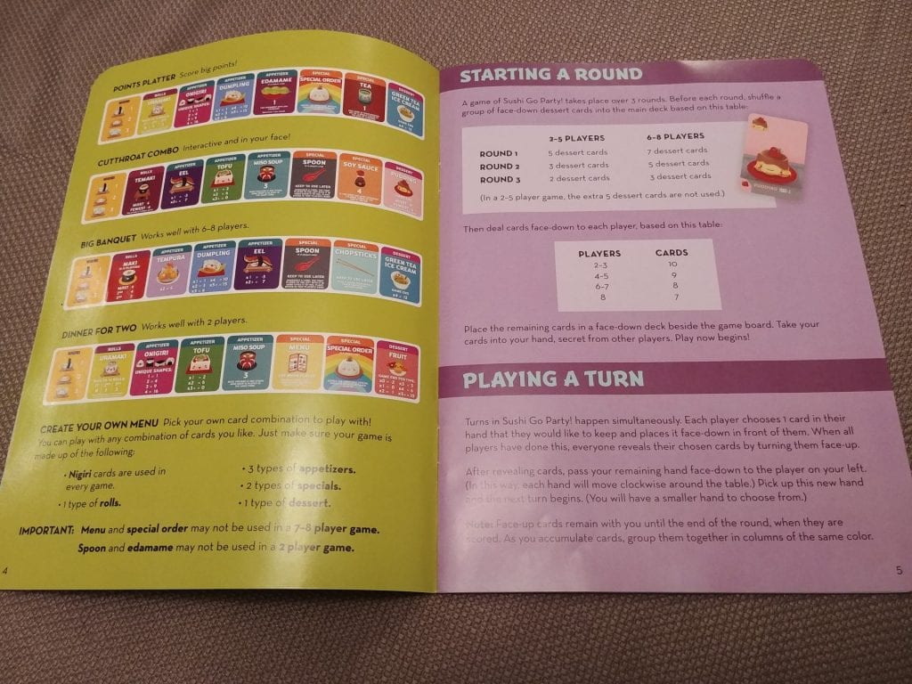 Sushi Go Party rulebook set up page 