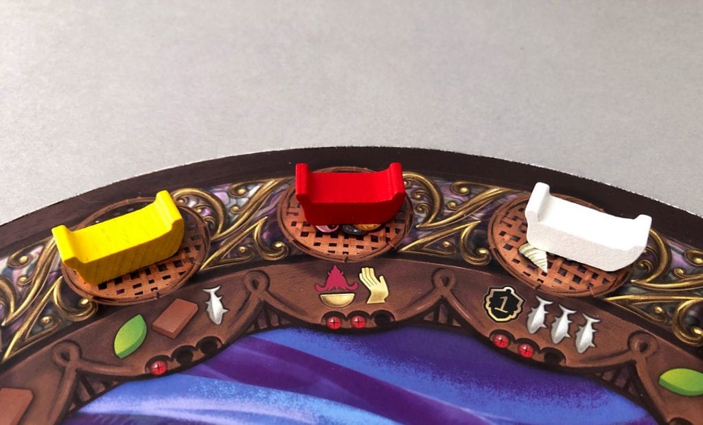 Player boat tokens on Ambelau. The Yellow player gains a Palm, Clay, and a Fish; the Red player gains an Ukum Tribute card and may activate an Islander; the White player may take their Special Guide for use in the next round and claims 3 Fish.