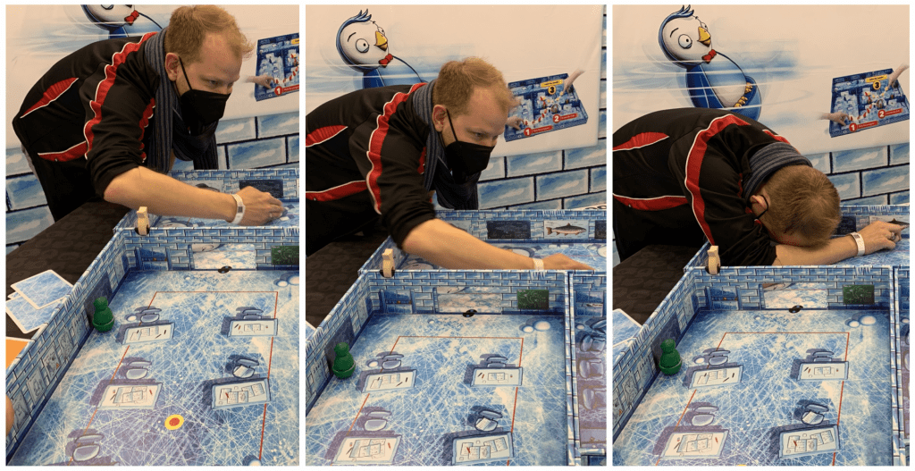 Three photos showing Bryan setting up, taking, and missing a shot during a game of Ice Cool.