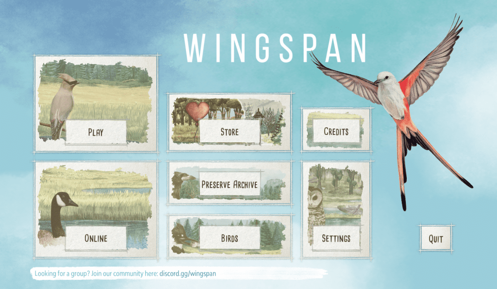 Wingspan Starting page.