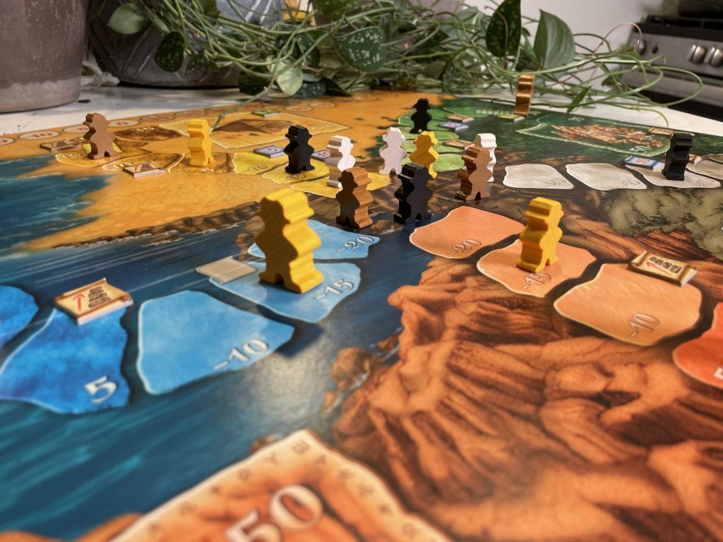 Shot of the LC:TBG board with meeples.