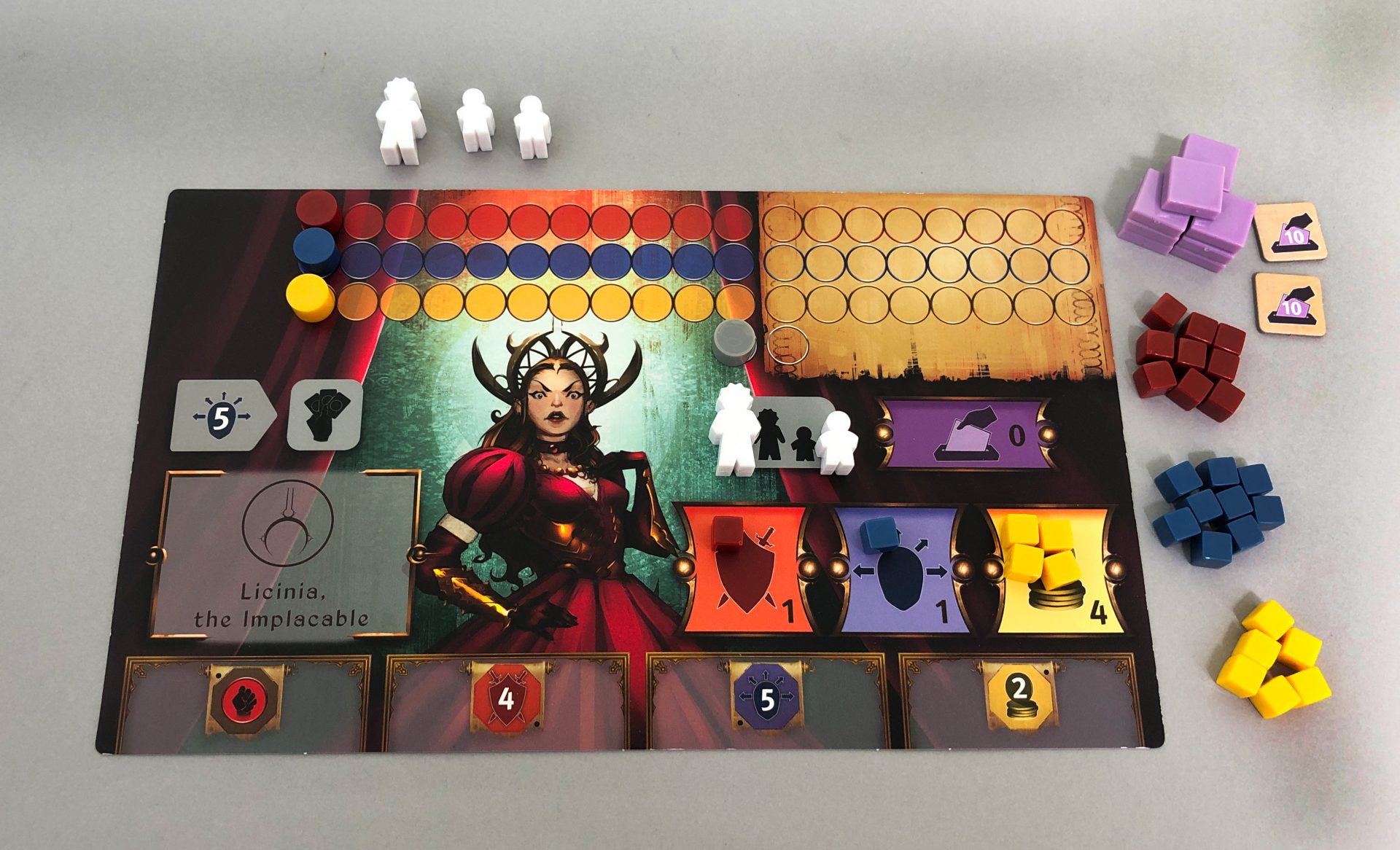 Licinia the Implacable's player board and tokens.