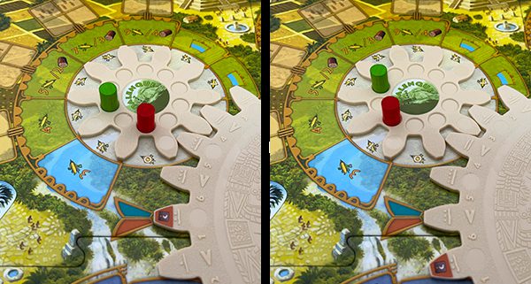 At the end of each turn, the central wheel is turned counter-clockwise by a single spoke on the gear. This causes each of the other wheels to turn as well. 