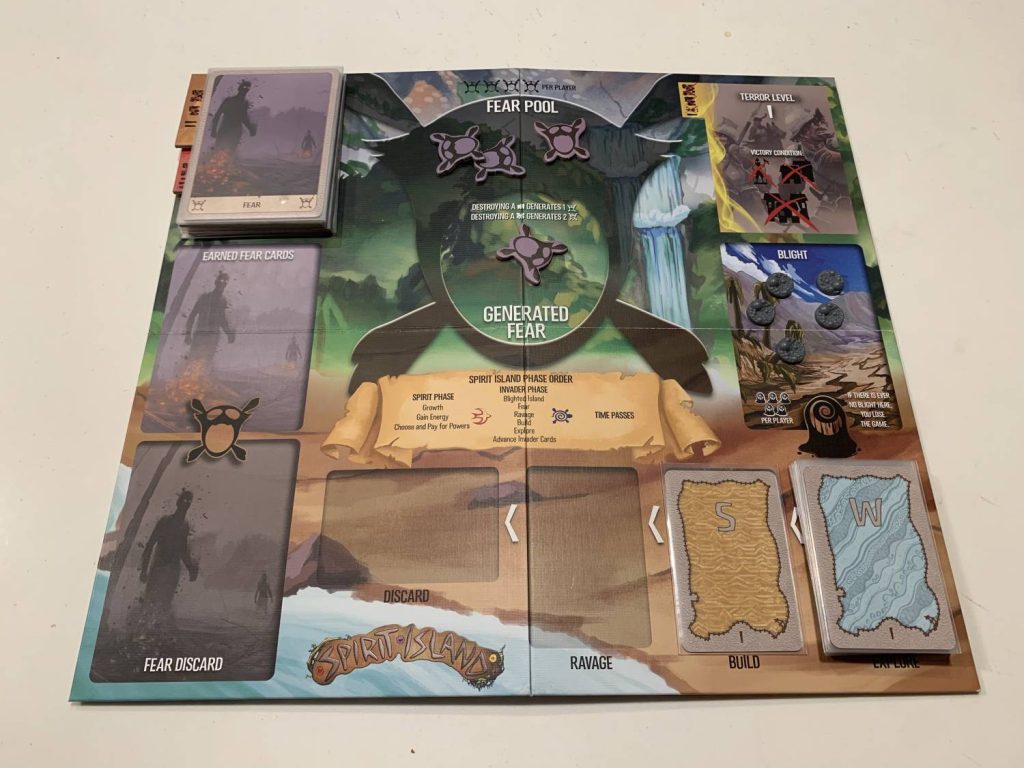 A square board containing fear, terror cards, blight, and enemy AI instructions.