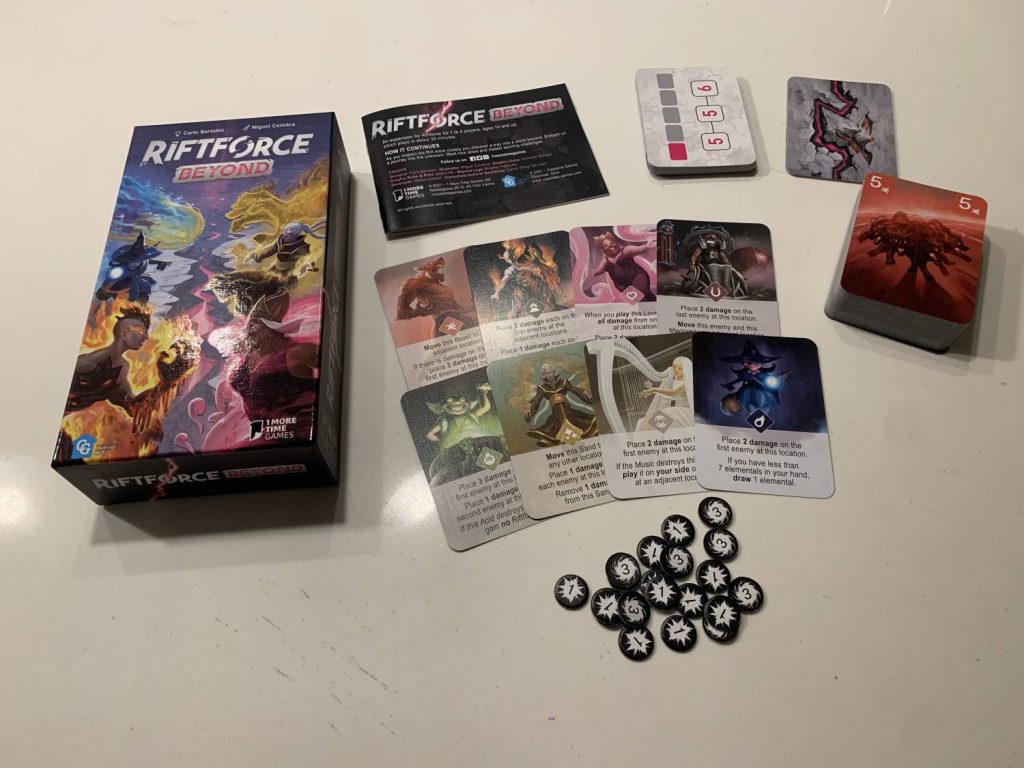 The contents of the Riftforce: Beyond box laid out on a counter.