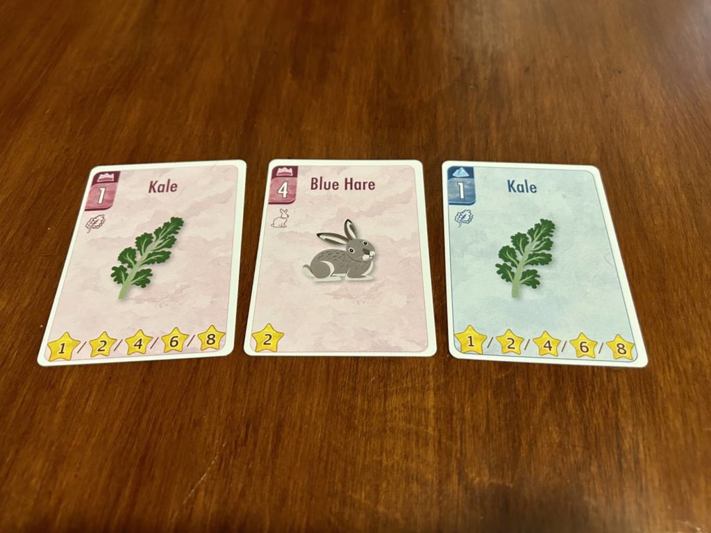An example of scoring, with two kale cards and a rabbit card.
