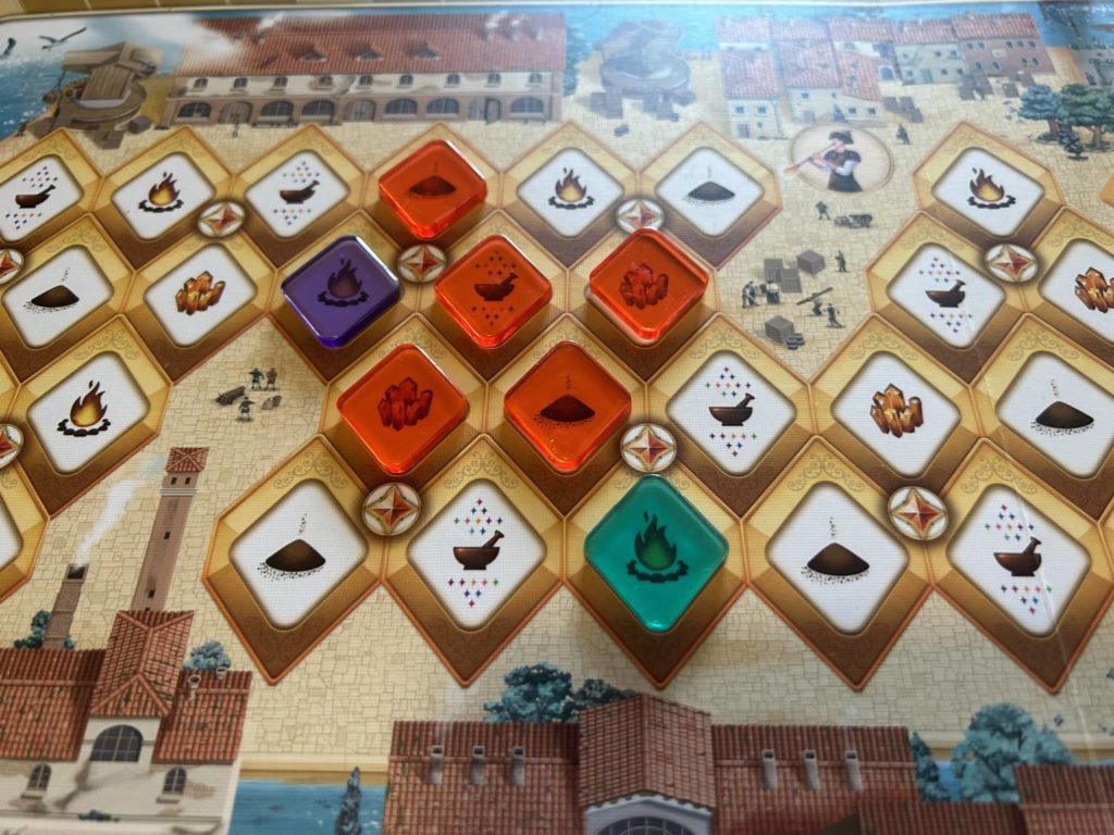 A cluster of tiles in the Workshop portion of the board, which consists of honeycombed diamonds.