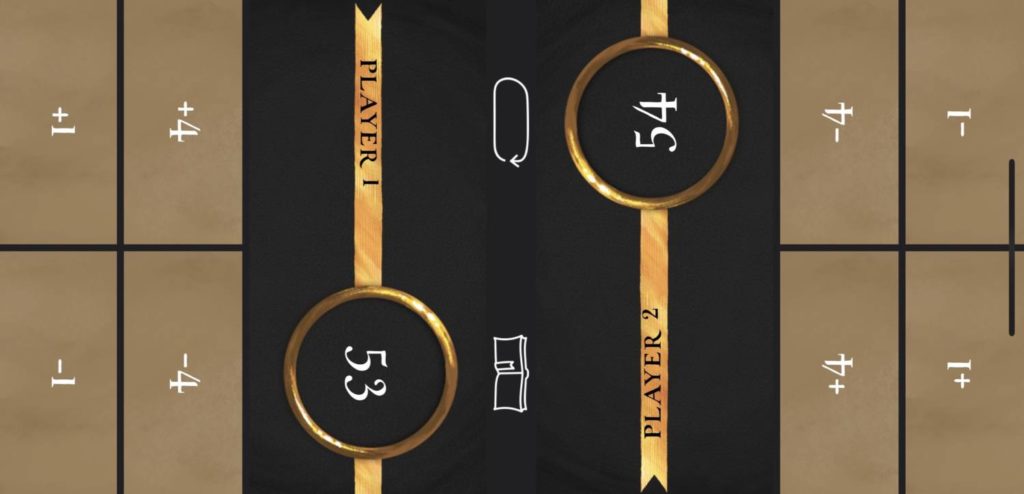 A screen shot of the Wizards of the Grimoire life tracking app, a symmetrical set of buttons with +1, -1, +4, and -4.