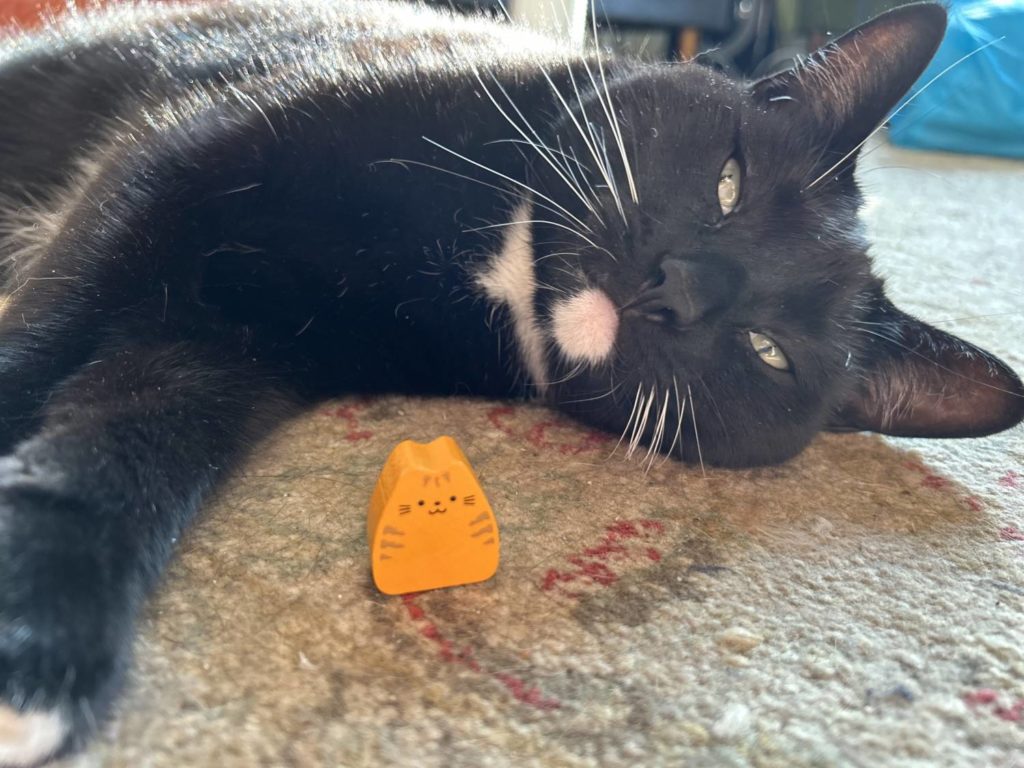 A real black cat with white spots lying on a carpet next to a wooden boop cat.