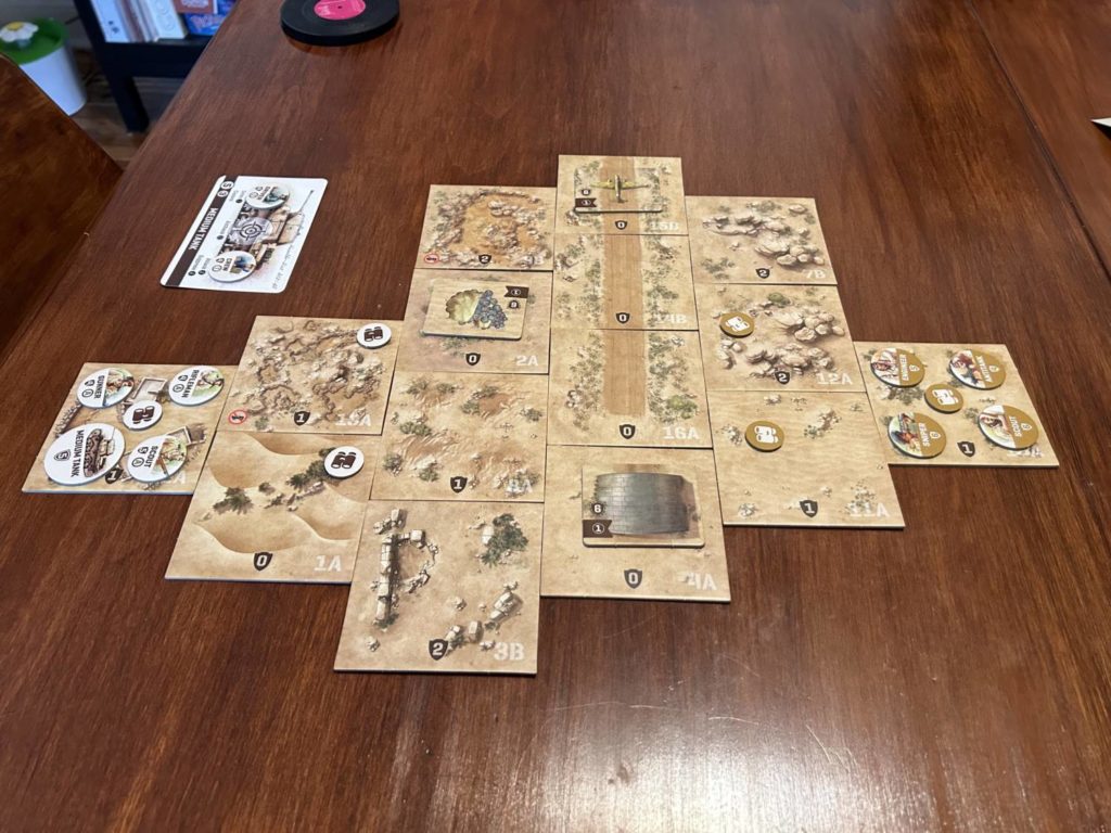 The Undaunted: North Africa board at the start of a scenario. The board consists of offset adjacent squares, which effectively function as hexagons. At the start of the mission, English and Italian soldiers occupy the far sides of the playing area.
