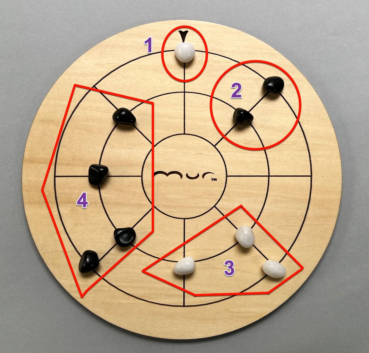Examples of 1, 2, 3, and 4 connected stones on the board.
