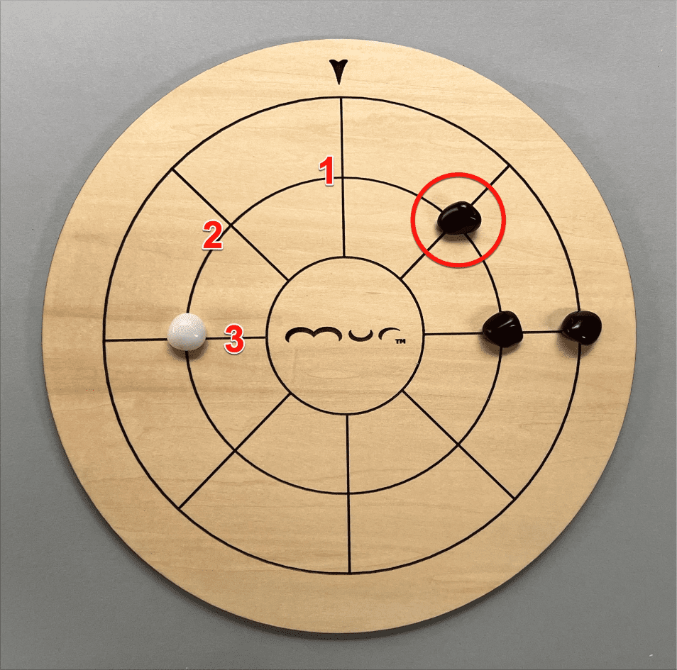 The circled black stone must move 3 spaces. The white stone is three spaces away. When it moves to that space...