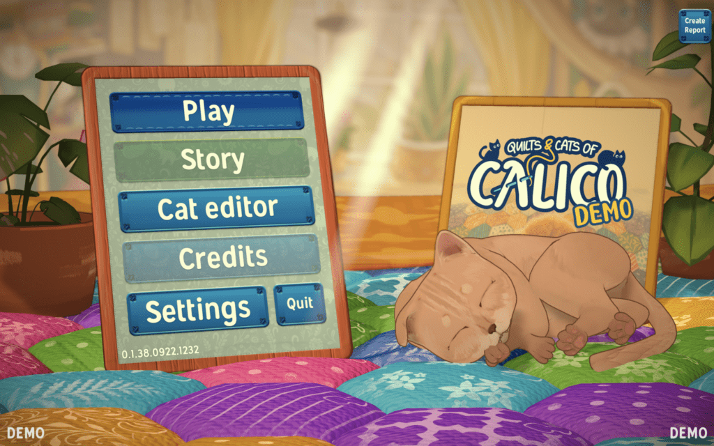 The home menu for the game consists of a series of options to the left side, with a snoozing cat to the right.