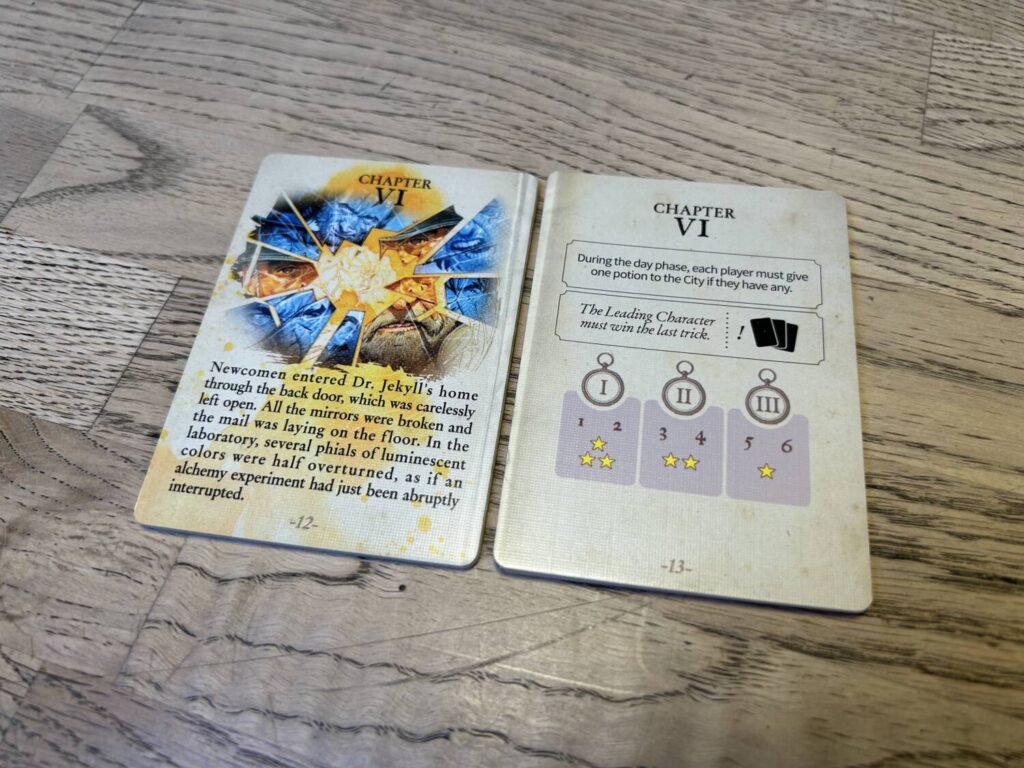 One of the ten chapters in the Chapter Deck. Each chapter lays out a narrative on the left card and a set of rules on the right.