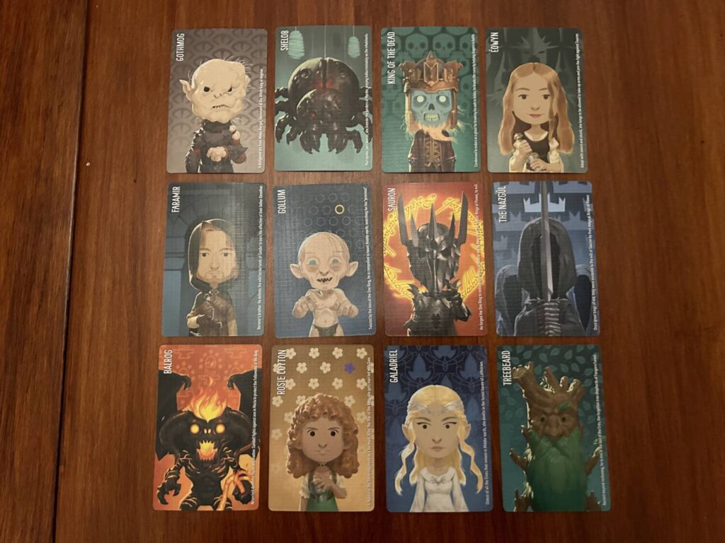 A 3x4 grid with Gothmog, Shelob, King of the Dead, Éowyn, Faramir, Gollum, Sauron, The Nazgûl, Balrog, Rosie Cotton, Frodo Baggins, and Galadriel.