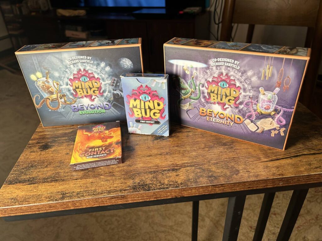 The original printing of the Mindbug base game, together with both expansions and the first mini-expansion.