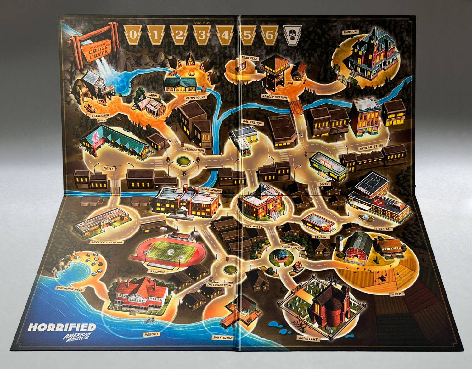 Horrified: American Monsters: the game board.