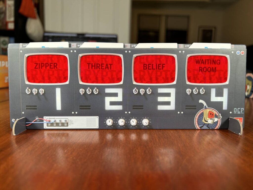 One of the two team boards, set up with cards containing the words Pepper, Threat, Relief, and Waiting Room.