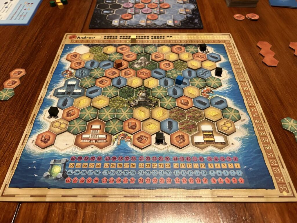 A board at the end of a game, full of tiles.