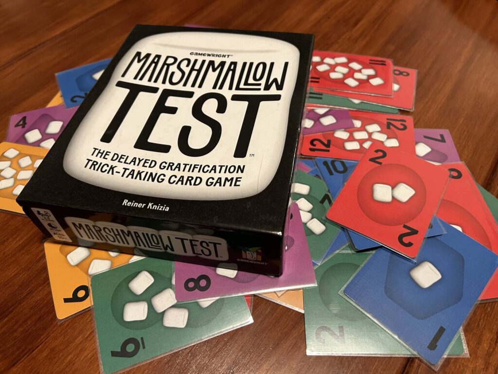 The Marshmallow Test box, which shows a large marshmallow (go figure), on top of the cards for the game.