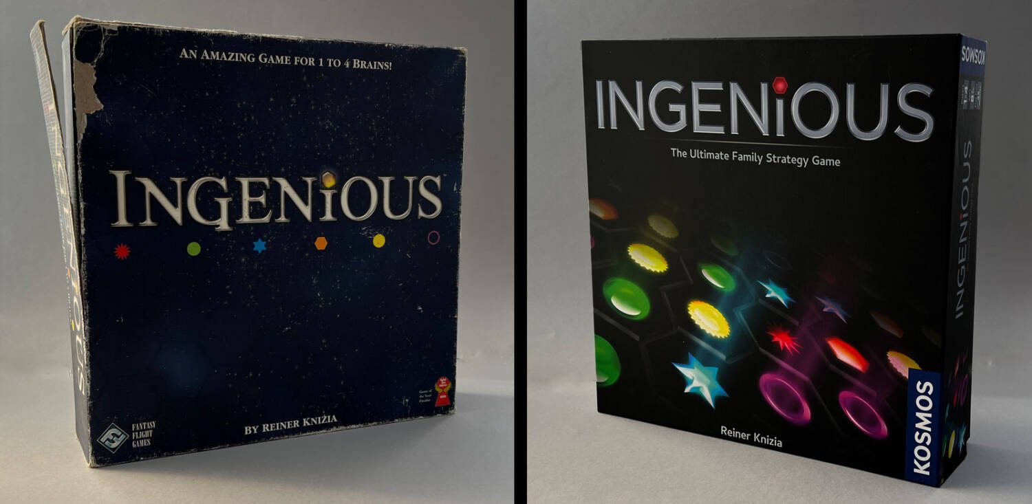 My well-worn 13-year-old copy of Ingenious next to the new, second edition box