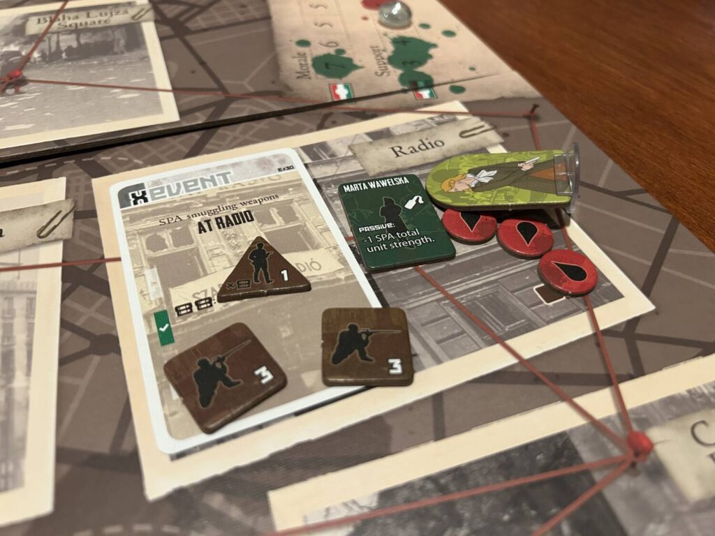 One of the board locations, populated by Soviet troops and resistance fighters, as well as a location-specific event card.