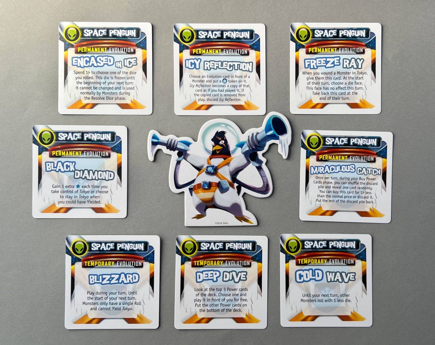 Space Penguin's eight Power Up! Evolution cards