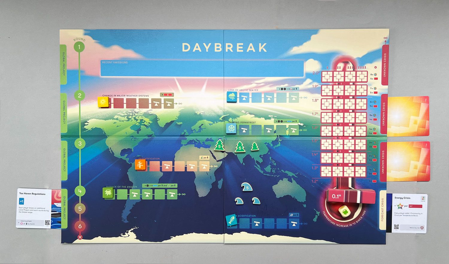 The Daybreak game board, set up for a two player game.