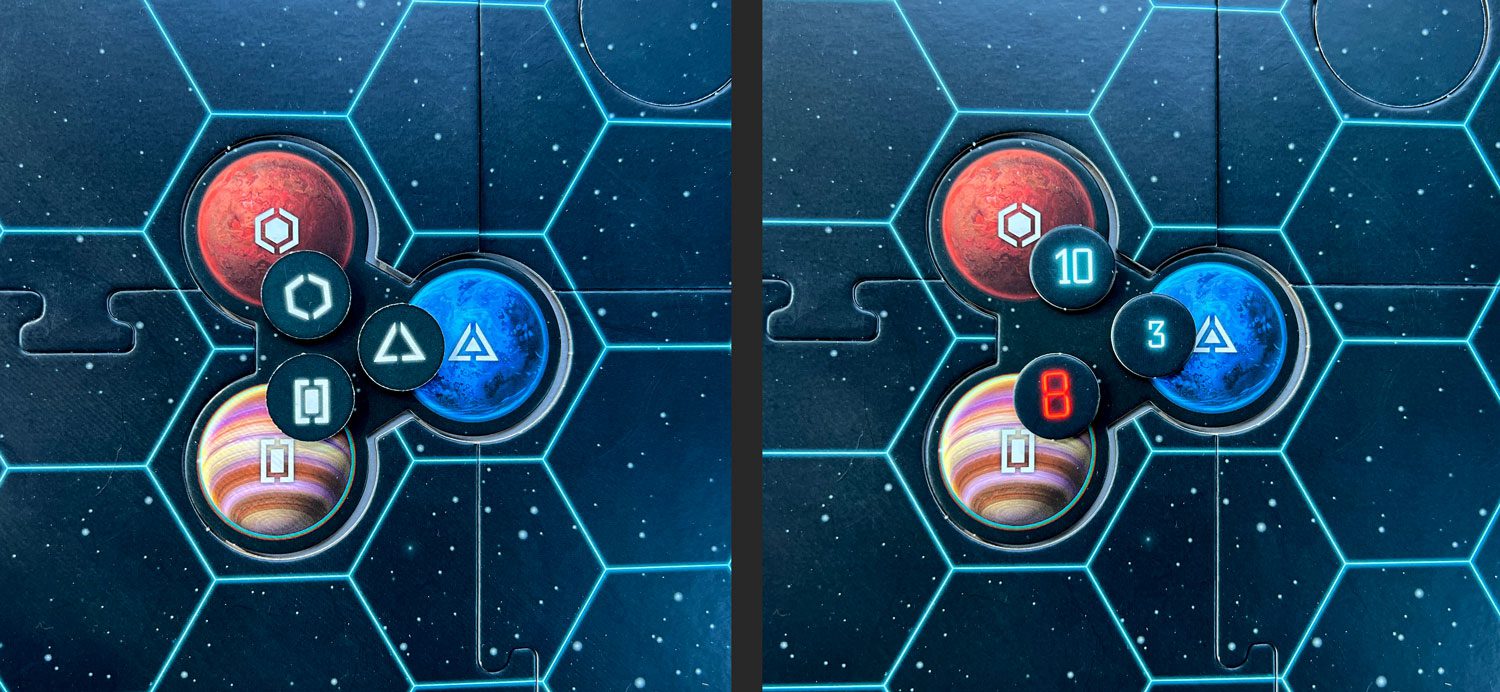 Left: an unexplored Plantetary System with symbol discs on the matching planets. Right: the same system having been explored by a starship, with tokens turned over. 