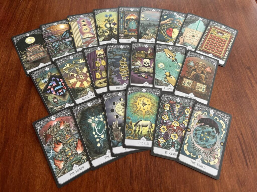 The cards in the major arcana, laid out so you can see the illustrations.