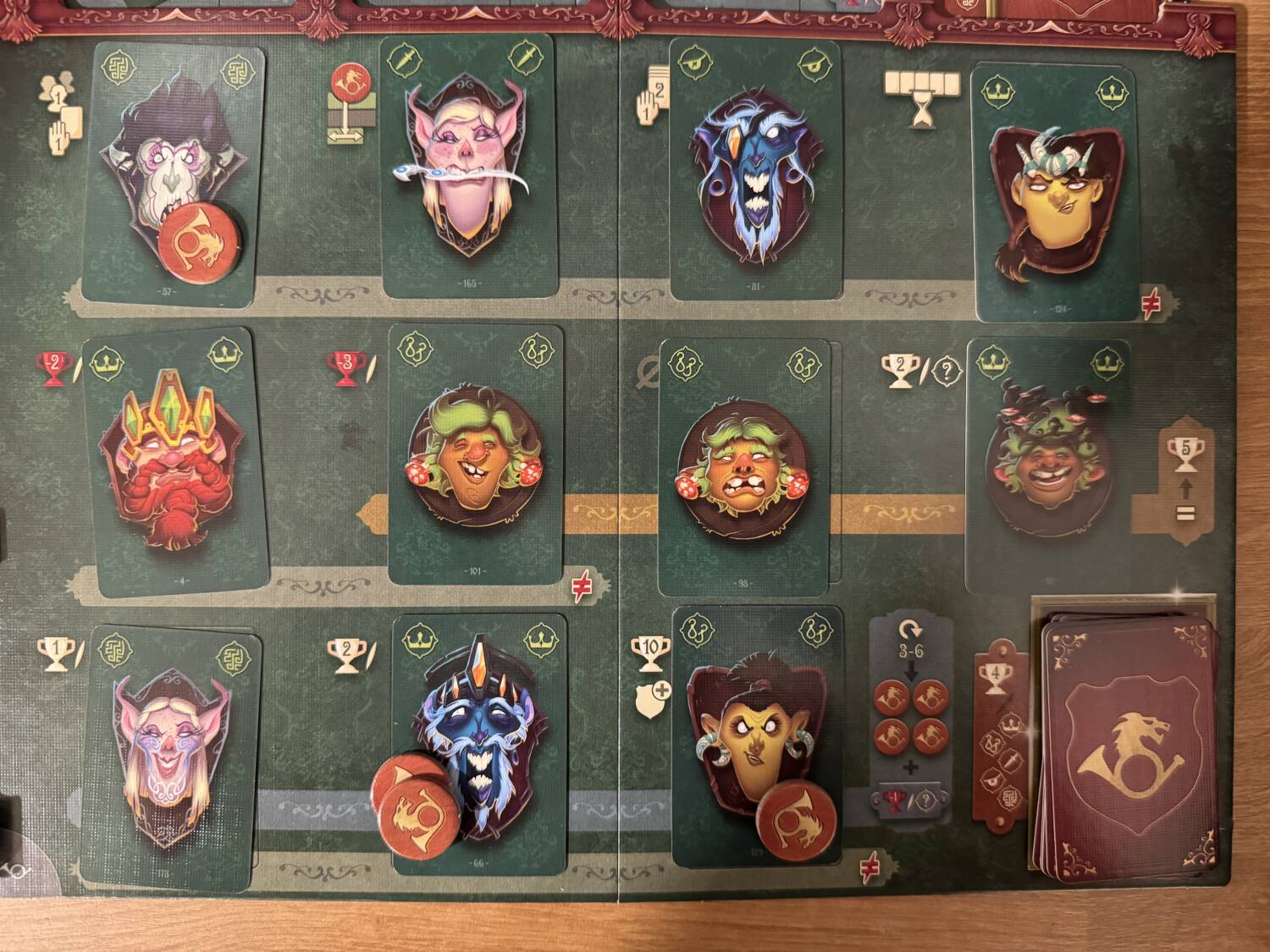 Open Season board game final Wall featuring heads from various adventurers like Dwarves, Elves, Wizards, Witches, Gnomes, and Barbarians.