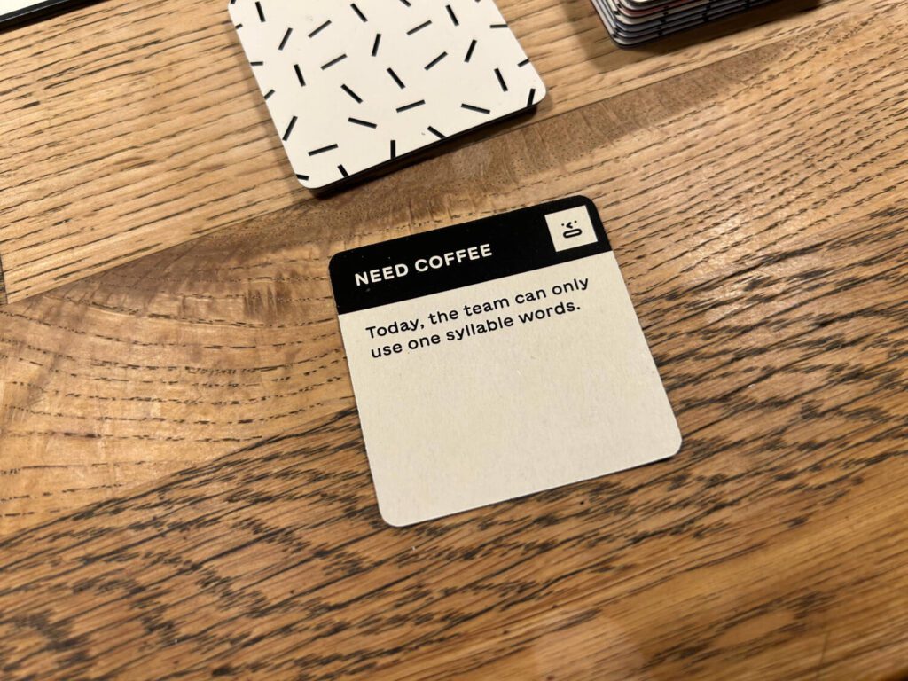 One of the challenge cards, which tells players they can only speak in monosyllabic words.