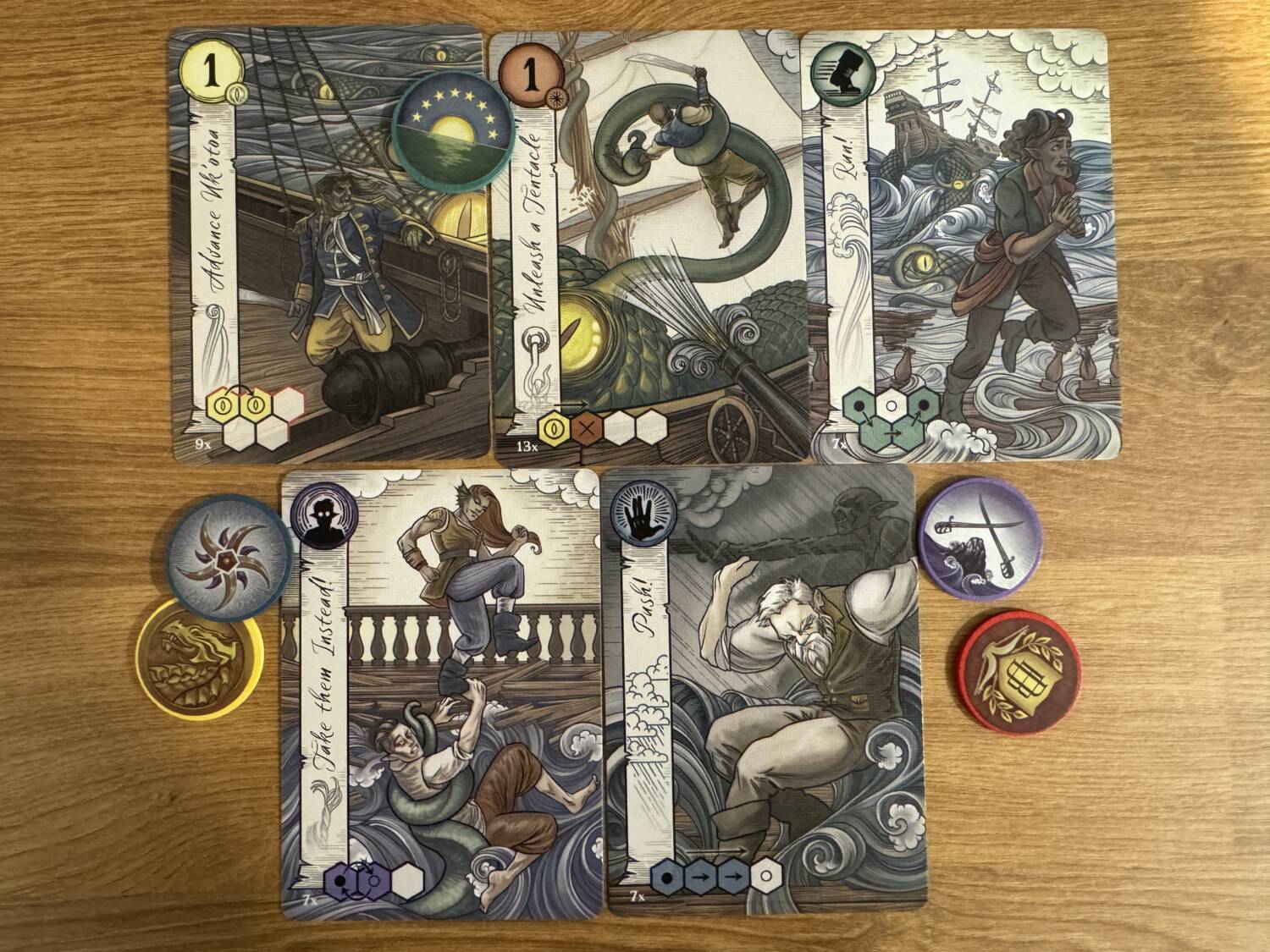 Uk'otoa Board Game cards and faction discs.