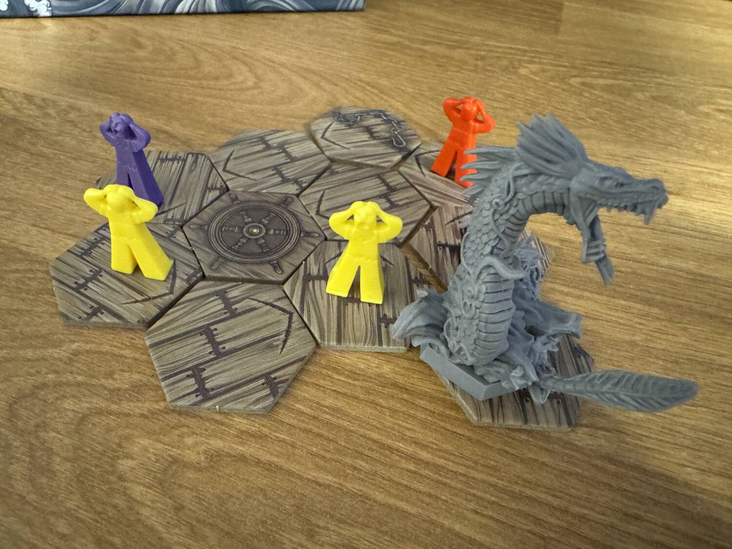 Uk'otoa Board Game endgame with only three colors of sailor meeples remaining.